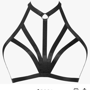 Black strap bra harness body ring bondage choker fetish sexy doll gothic stretch